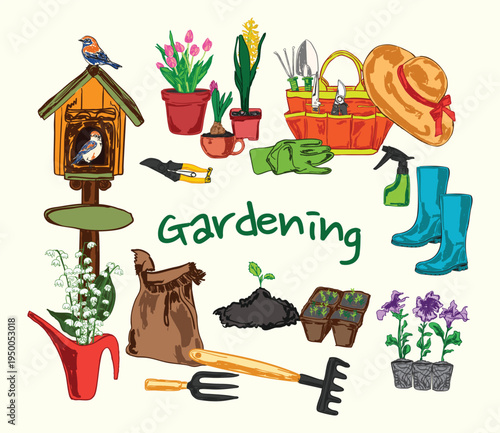 Spring Gardening Tools and Elements Set