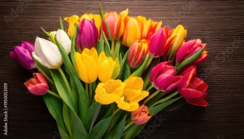Colorful Tulip Bouquet on Dark Wood Background - A Vibrant Floral Display.