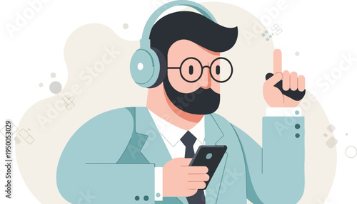 Man with headphones and glasses holds phone, points finger up, abstract background