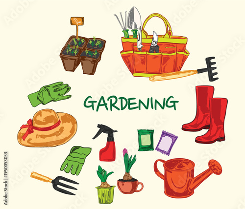 Gardening Items Collection – Tools, Seeds, and Clothing Illustration