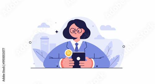 Modern woman in suit with tablet and play button, city background