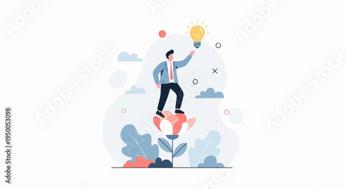 Man standing on flower, holding lightbulb