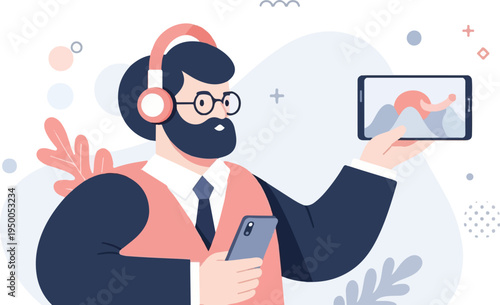 Man wearing headphones holds phone showing a digital landscape with mountains and sun