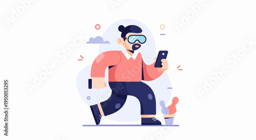 Man wearing VR goggles walks while looking at his phone