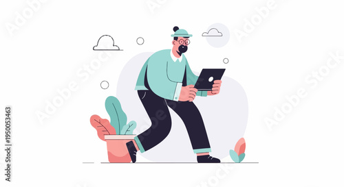 Man with beard and hat using a laptop near plants