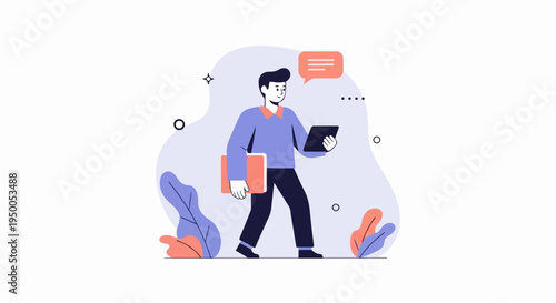 Modern flat illustration of a person with a tablet and folder, conveying communication