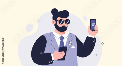 Man with beard and sunglasses holding two phones