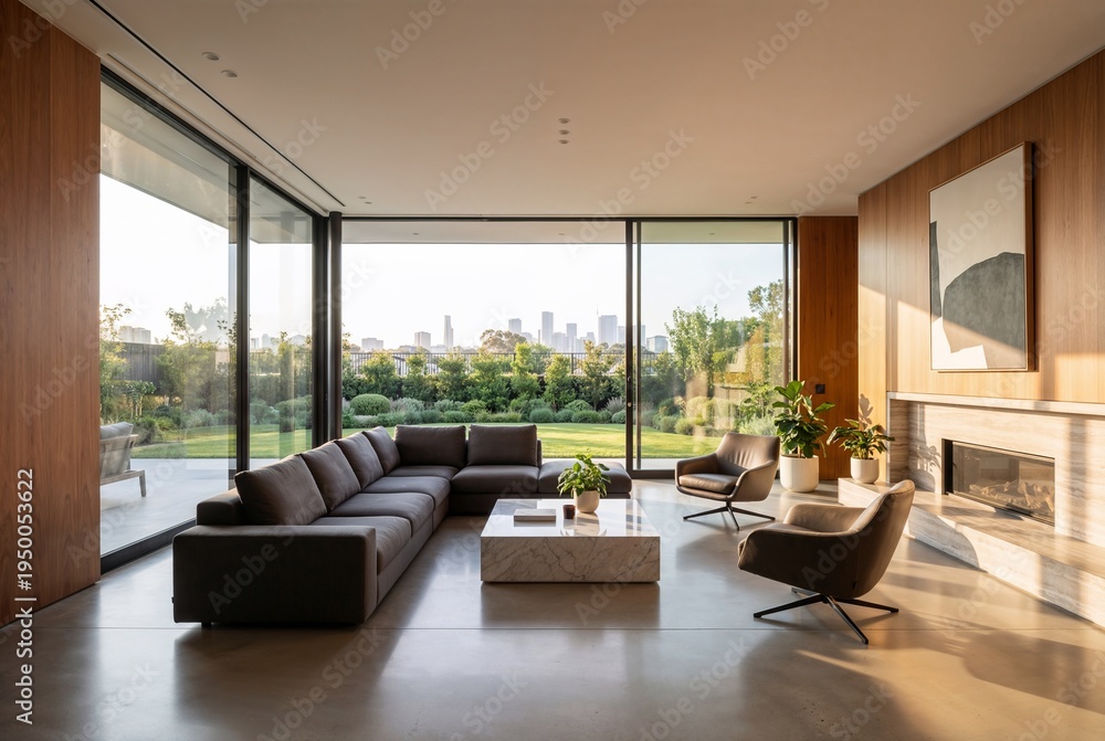Fototapeta premium Modern living room with large windows and city view.