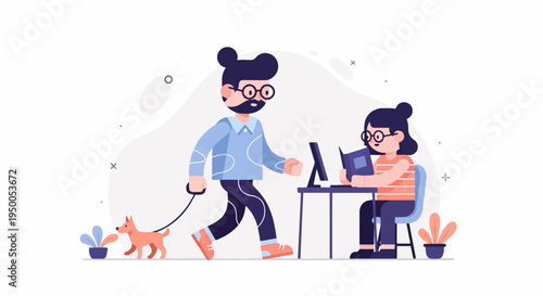 Man with dog walks past woman at desk with computer and book
