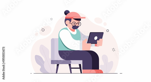 Person in a hat and glasses sits holding a tablet device