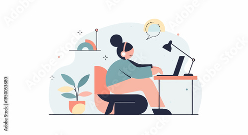 Modern flat illustration of a person working on a laptop at a desk