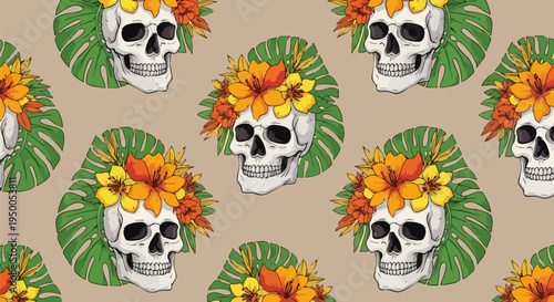 Seamless vector pattern with hand-drawn white human skulls wearing vibrant orange and yellow floral wreaths and green tropical leaves on a light brown background, perfect for textile, fabric
