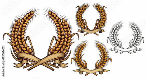 Set of 4 Golden Wheat Ears Wreaths with Rustic Ribbons Vector Illustration for Bakery, Brewery, or Harvest Festival Designs