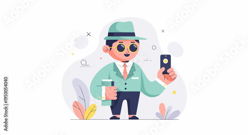 Man in hat and suit taking selfie with phone, holding book