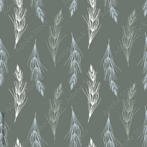 Pattern of Field Horsetail Block Print Stamps on Sage Green Background, Hand Crafted Botanical Linocut Texture for Organic Branding and Eco Textile