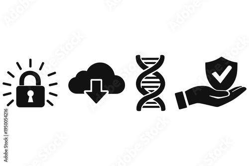 Vector graphic illustration of security and data protection symbols including lock, cloud download, DNA, and shield with checkmark