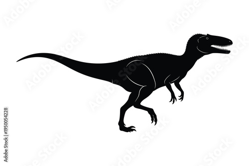 A black silhouette illustration of a dinosaur, likely a carnivorous theropod, walking or running with its mouth open and tail extended, against a plain white background.