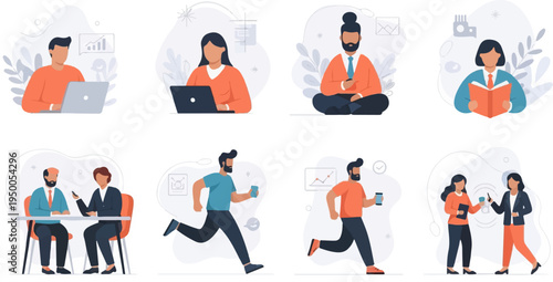 Modern flat illustrations of diverse people engaged in work and leisure activities