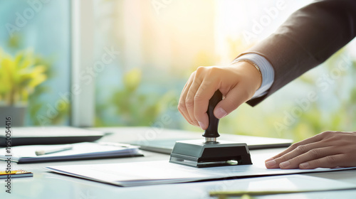 Business professional hand stamping official document, authorizing contract, approving partnership, verifying legal paper, or certifying official agreement in an office setting, copy space