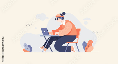 Person in headphones focused on a laptop at a table, surrounded by abstract shapes