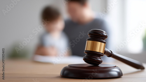 Judge's gavel resting on desk, symbolizing family law, child custody disputes, divorce proceedings, and decisions impacting parental rights and juvenile justice, copy space