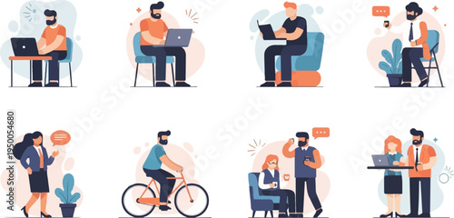 Modern flat illustrations of people working, cycling, and socializing
