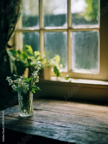Sunlight streams through a window onto a rustic wooden table. Clear glass vase holds delicate white flowers with green leaves. Soft-focus background shows windowpanes and blurred greenery outside