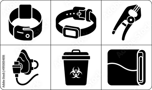 A set of six black and white icons depicting various biohazard and medical symbols, including a biohazard waste bin, medical bracelet, and safety warnings, shown in silhouette mode.