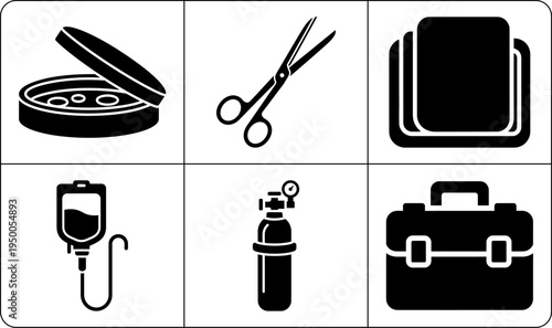A set of six black and white icons depicting various medical and office supplies in silhouette, including a petri dish, scissors, notebooks, an IV bag, an oxygen tank, and a briefcase.