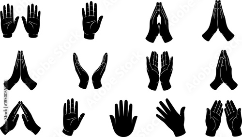 Praying hands silhouette collection set, open palms and prayer gesture icons, spiritual worship, religion faith symbol black vector illustration