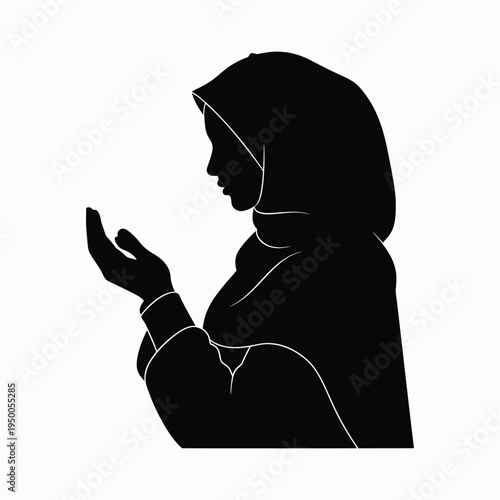 A silhouette of a woman wearing a hijab in a side profile view while performing an islamic prayer