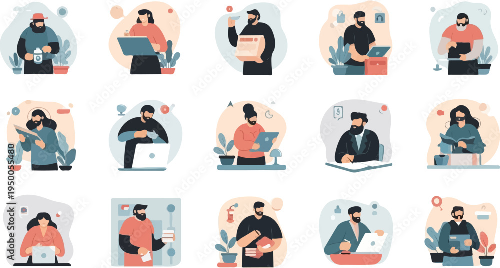 Fototapeta premium Modern illustrations of people engaging in various work and leisure activities