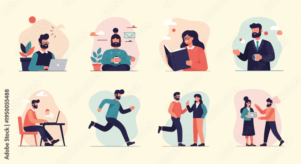Naklejka premium Modern illustrations of people working, relaxing, and interacting in a stylized setting