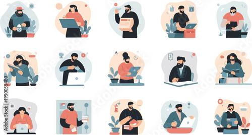 Modern illustrations of people engaging in various work and leisure activities