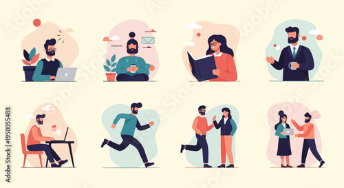 Modern illustrations of people working, relaxing, and interacting in a stylized setting