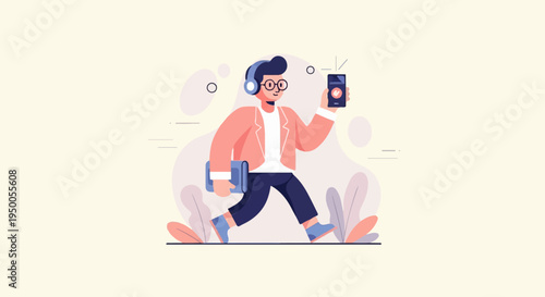 Modern man with headphones, glasses, holding phone and book