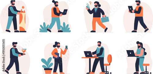 Modern men engage in various tasks, from presenting to working on laptops