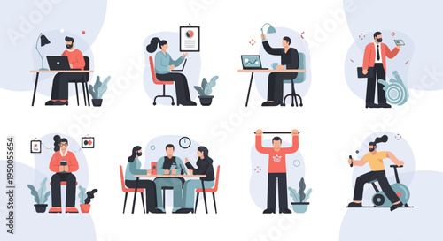 Modern office workers and fitness activities depicted in abstract flat style