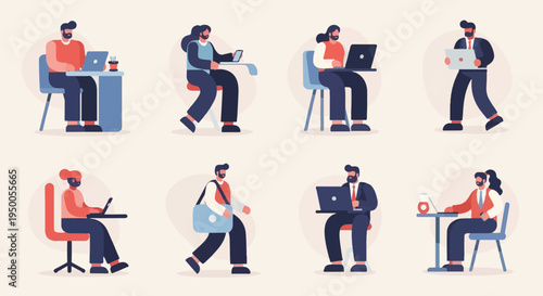 Modern office workers engaged in various digital tasks and activities