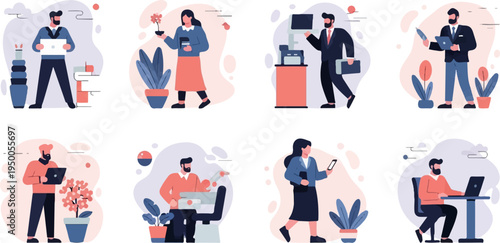 Modern office workers engaged in various tasks with digital devices