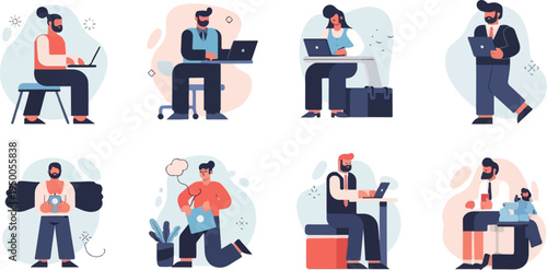 Flat illustrations of diverse individuals working with laptops and tech