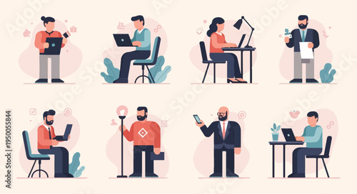 Modern professionals at work, diverse individuals engaged in technology and tasks