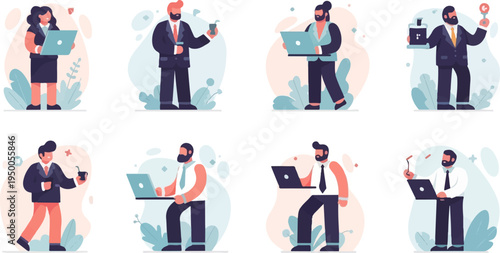 Modern professionals collaborating, working on laptops, enjoying beverages, and presenting