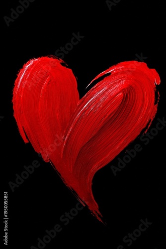 Vibrant red brushstroke heart on stark black background. Bold strokes create emotive, stylized love symbol. Ideal for romance, passion, or creative design projects