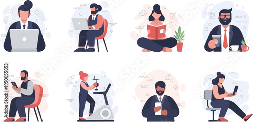 Modern professionals engage in work, leisure, and fitness activities