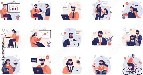 Modern professionals engage in various business activities, from meetings to individual tasks