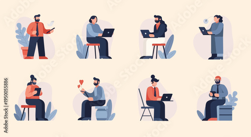 Modern professionals engage with devices, some showing heart icons