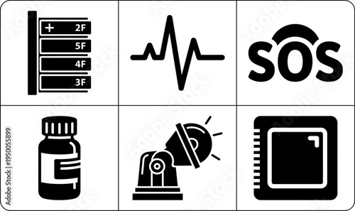 A set of six black and white icons depicting various medical and technological symbols, including a silhouette of a distress signal, in a clean and minimalist design.