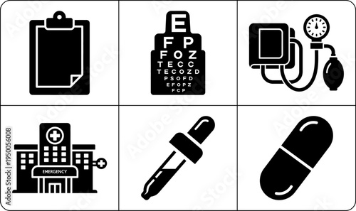 A collection of medical icons in silhouette mode, featuring a clipboard, eye chart, blood pressure cuff, hospital, dropper, and pill, representing various aspects of healthcare and medicine.