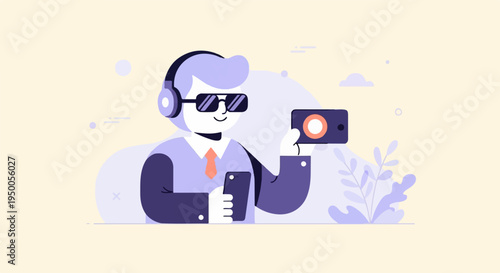 Modern stylish figure with headphones and gadgets, animated background